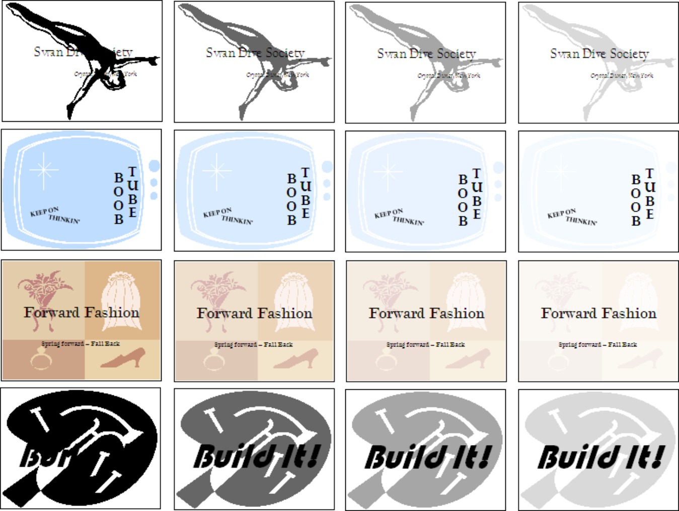 Figure 3-10: For backgrounds, clip art usually has to be at least somewhat transparent. These images are (from left to right) 0%, 40%, 65%, and 85% transparent.